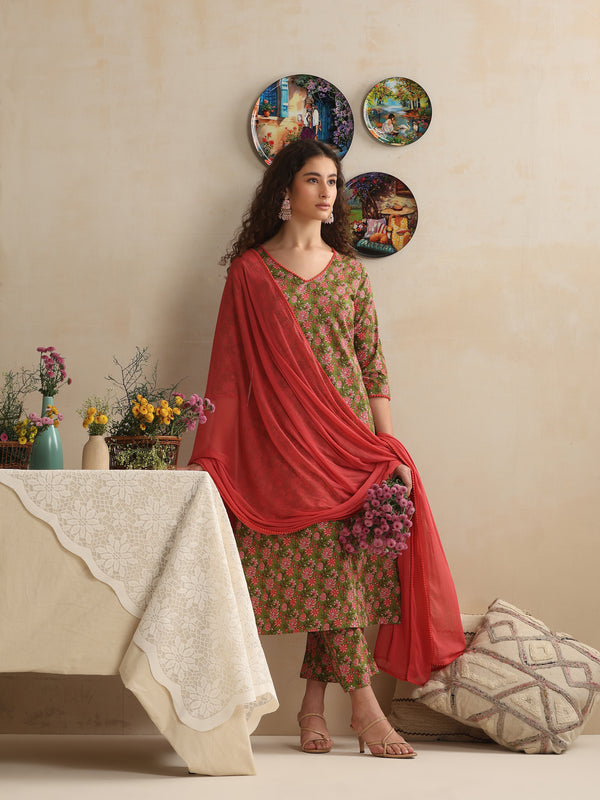 Khushal K Women Floral Printed Regular Pure Cotton Green Kurta & Palazzo With Dupatta