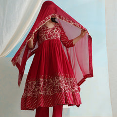 Floral Printed V-Neck Anarkali Kurta with Palazzos & Dupatta