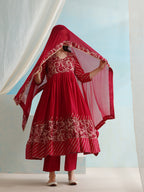 Floral Printed V-Neck Anarkali Kurta with Palazzos & Dupatta