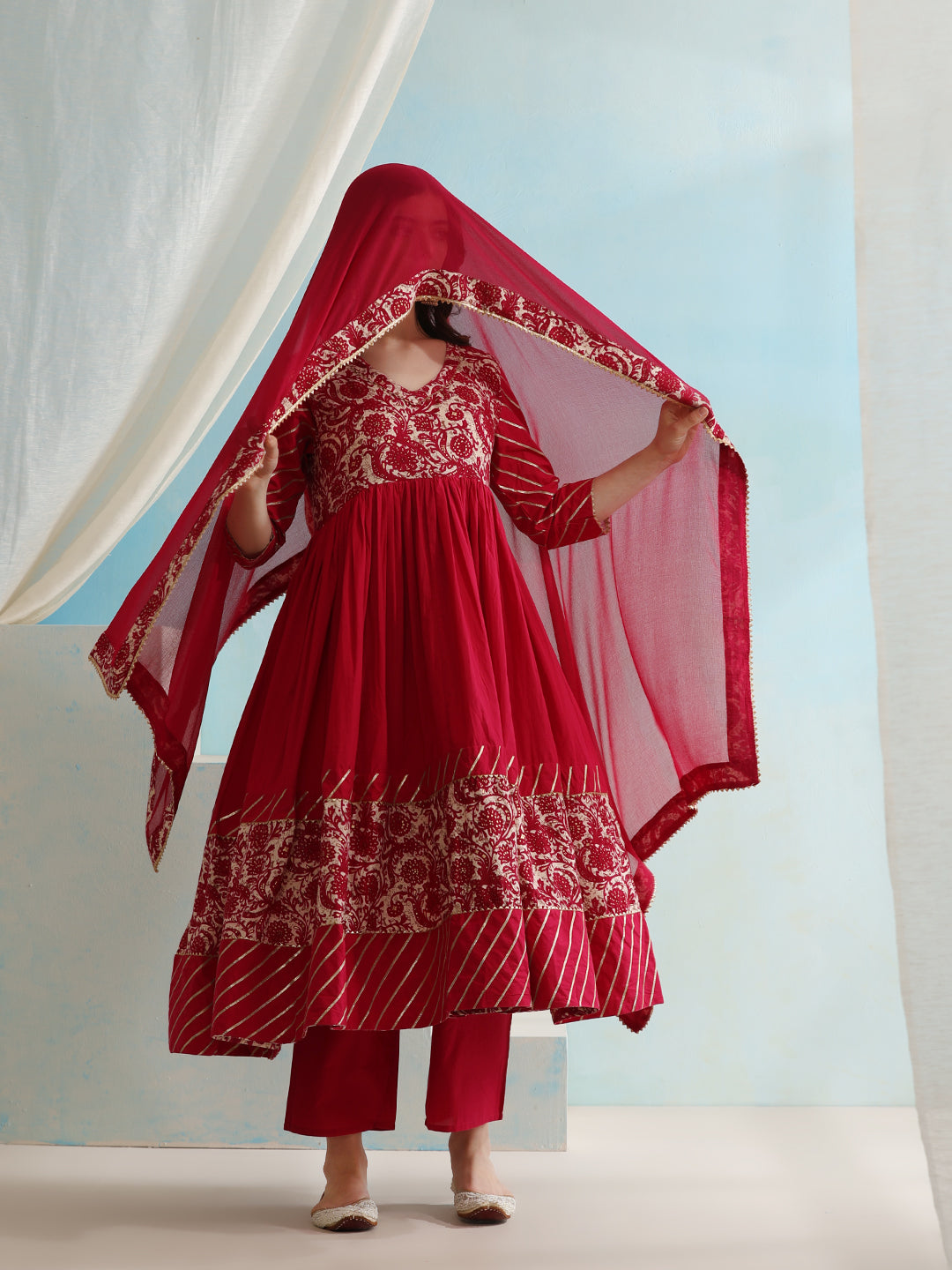 Floral Printed V-Neck Anarkali Kurta with Palazzos & Dupatta