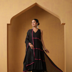 Khushal K Women Cotton Kurta and Palazzo With Dupatta Set - Black