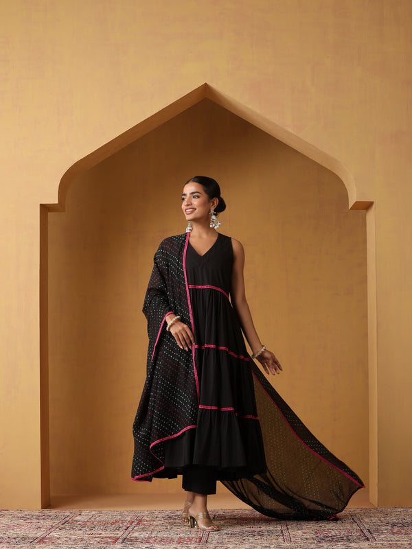 Khushal K Women Cotton Kurta and Palazzo With Dupatta Set - Black
