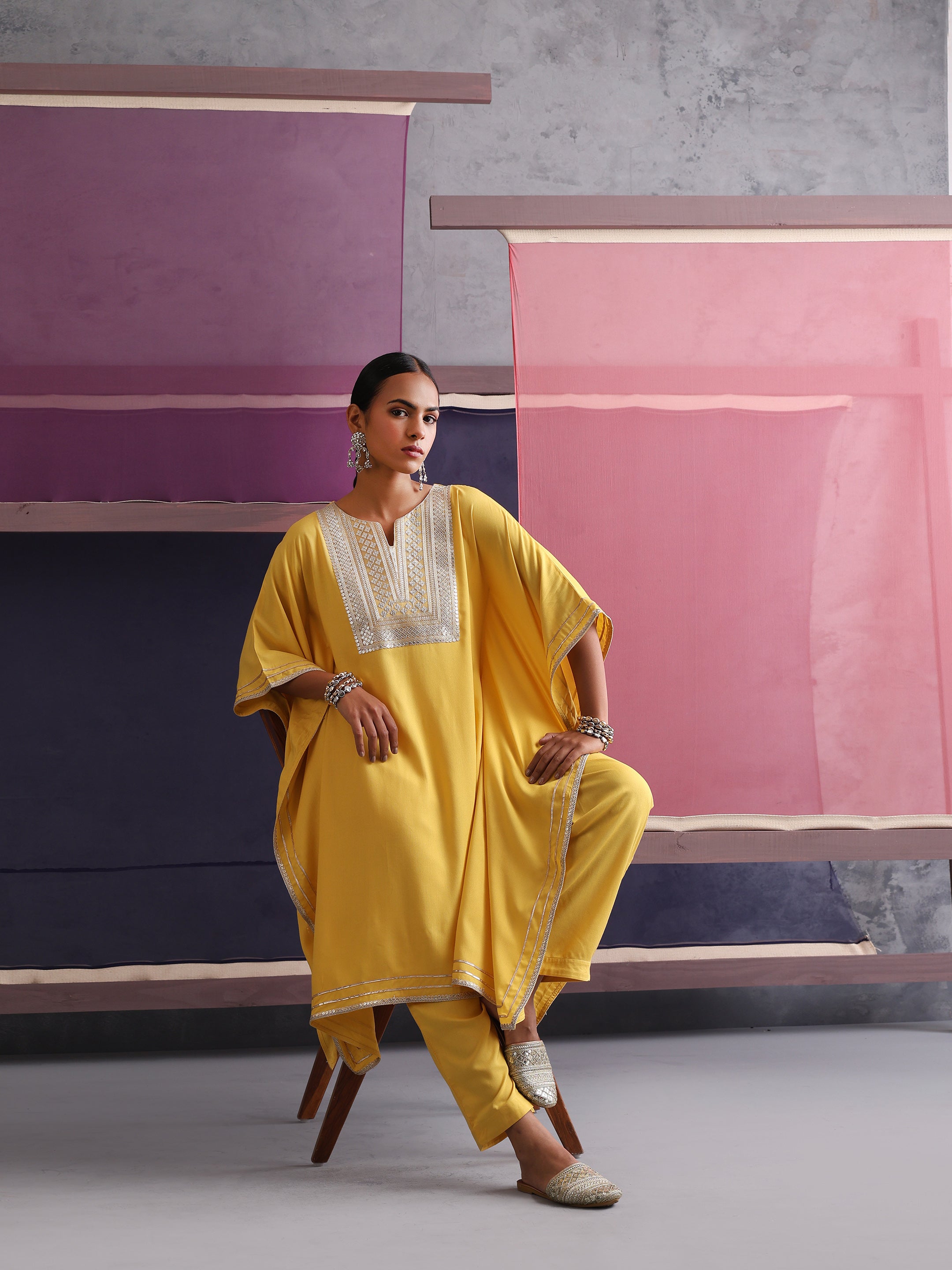 Khushal K Women Motifs Yoke Design Yellow Kaftan set