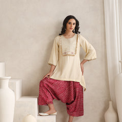 Cream Embroidered Cord Set with Bandhani Patiala