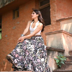 Khushal K Women's Black Printed Cotton Flared Maxi Skirt
