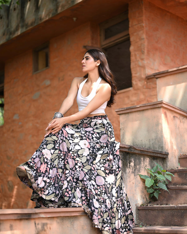 Khushal K Women's Black Printed Cotton Flared Maxi Skirt