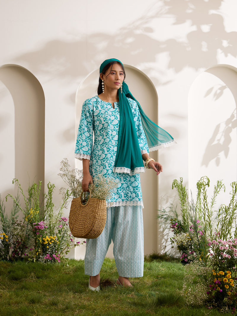 Khushal K Women Cotton Kurti And Farshi Salwar  With Dupatta Set - Green