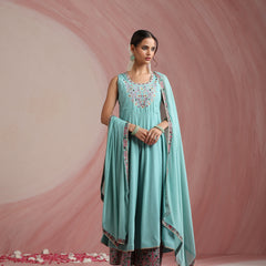 Turquoise Blue & Pink Embroidered Kurta with Palazzos & Dupatta Set