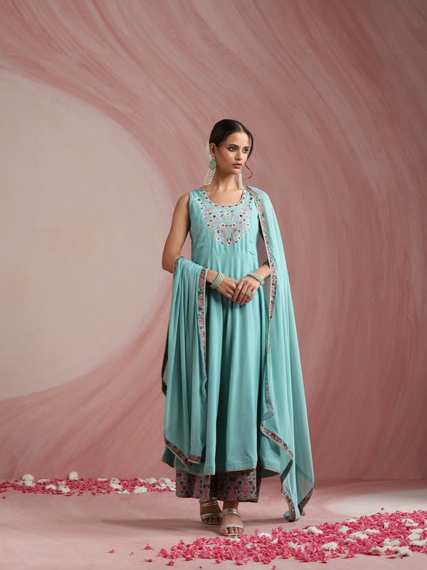 Turquoise Blue & Pink Embroidered Kurta with Palazzos & Dupatta Set