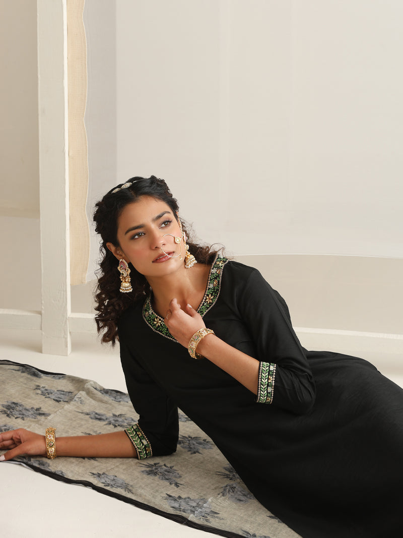 Khushal K Women Pure Silk black Embroidered Kurta & Palazzo With Dupatta