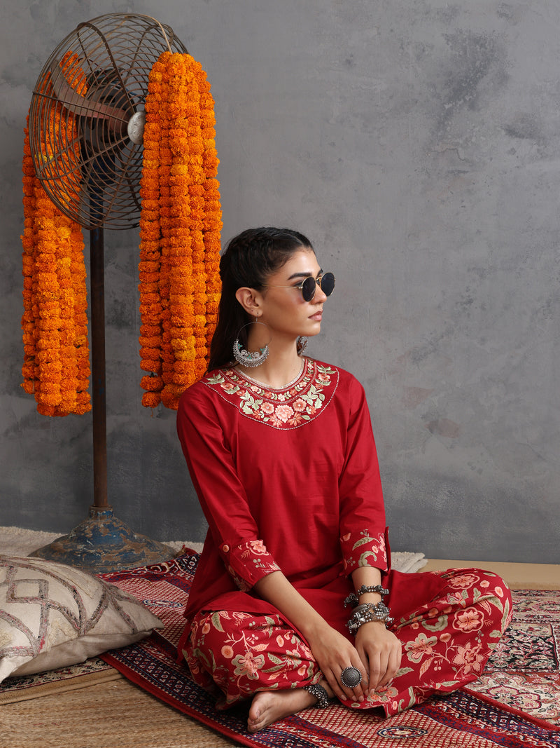 Khushal K Women Cotton Kurta Farsi Salwar Set - Maroon