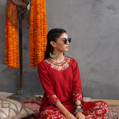 Khushal K Women Cotton Kurta Farsi Salwar Set - Maroon