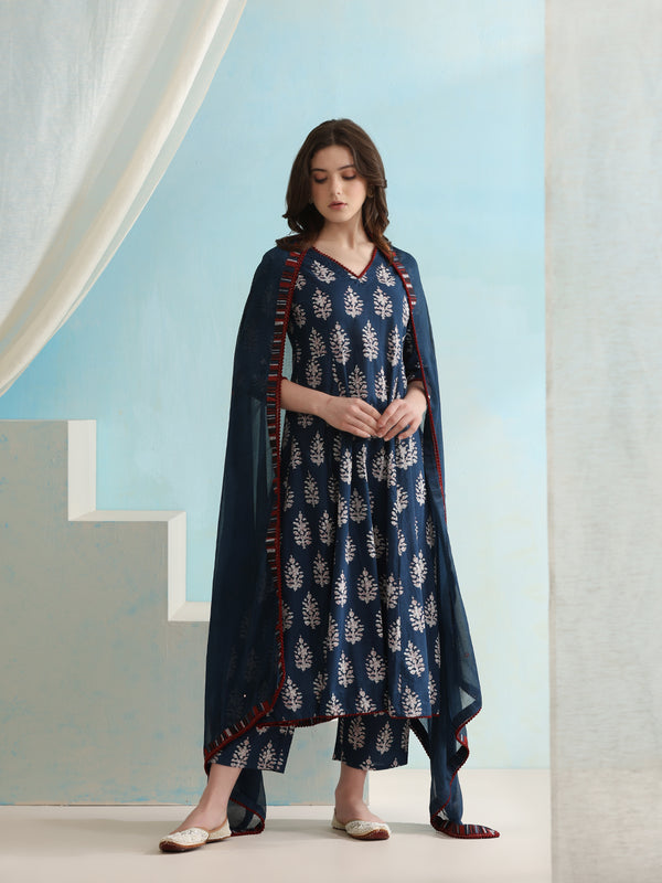 Ethnic Motifs Printed V-Neck Pure Cotton A-Line Kurta with Palazzos & Dupatta