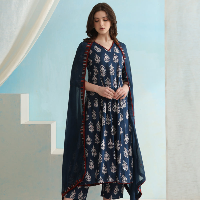 Ethnic Motifs Printed V-Neck Pure Cotton A-Line Kurta with Palazzos & Dupatta - Blue - Khushal K - Image 1
