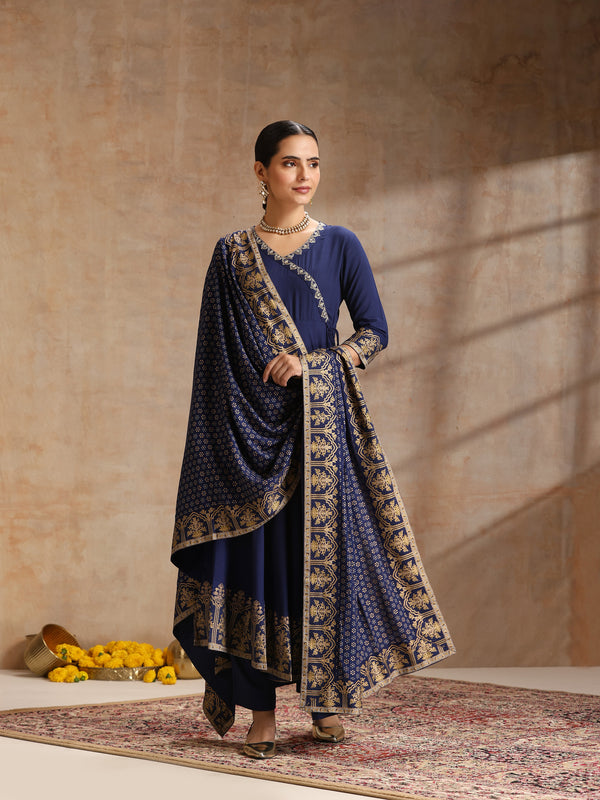 Women’s Ethnic Embroidered Angrakha Kurta Set with Trousers and Dupatta