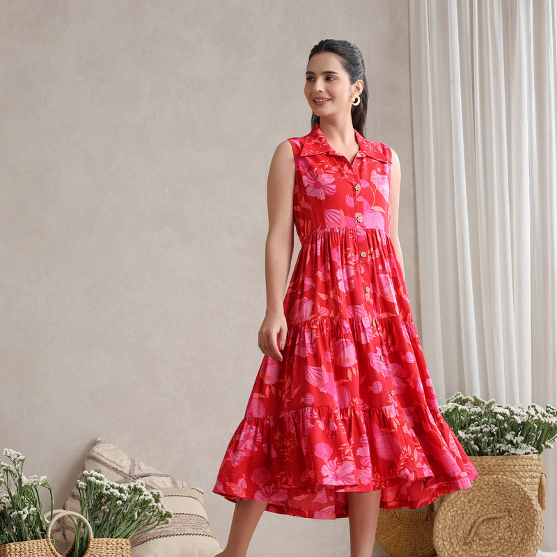 Women Floral Print A-Line Midi Dress - Red - Khushal K - Image 1
