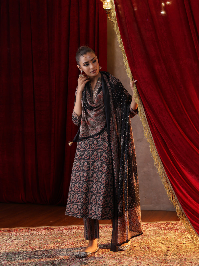 Khushal K Women Cotton kurta and palazzo with dupatta set - Black