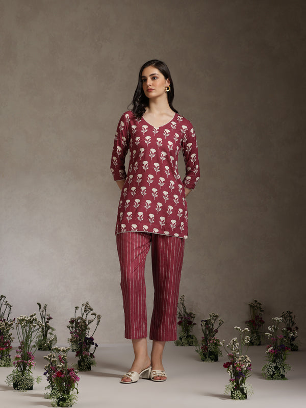 Floral Printed V-Neck Cotton Cord Set
