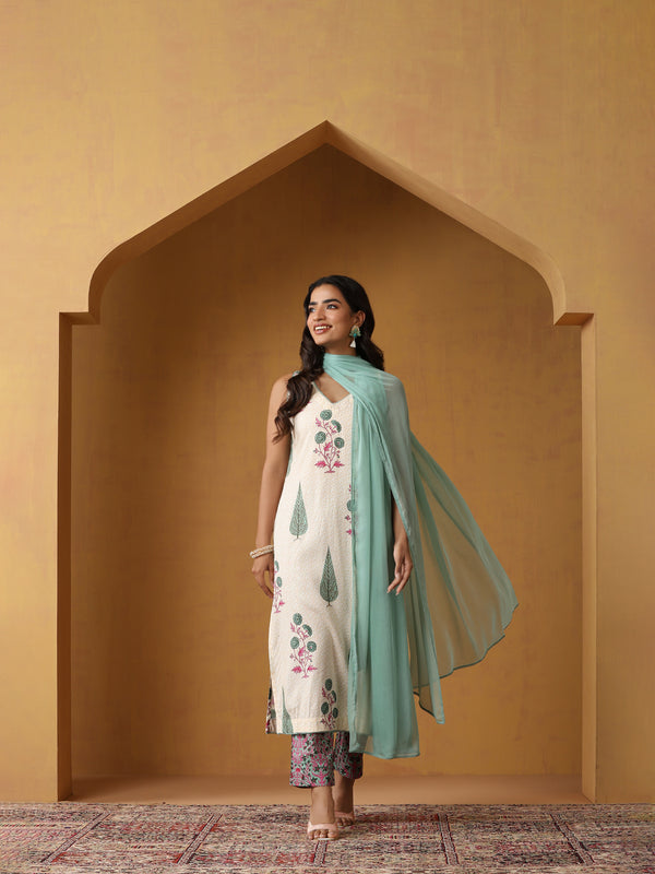 Khushal K Women Floral Printed Sleeveless Pure Cotton Kurta Set