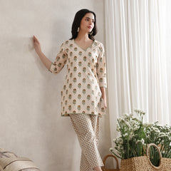 Floral Printed Cotton V-Neck Tunic With Trouser Co-Ords