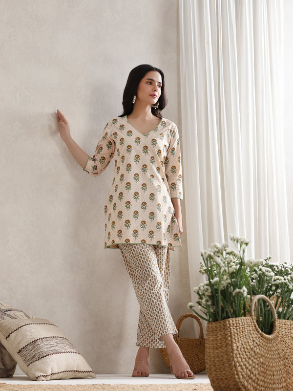 Floral Printed Cotton V-Neck Tunic With Trouser Co-Ords
