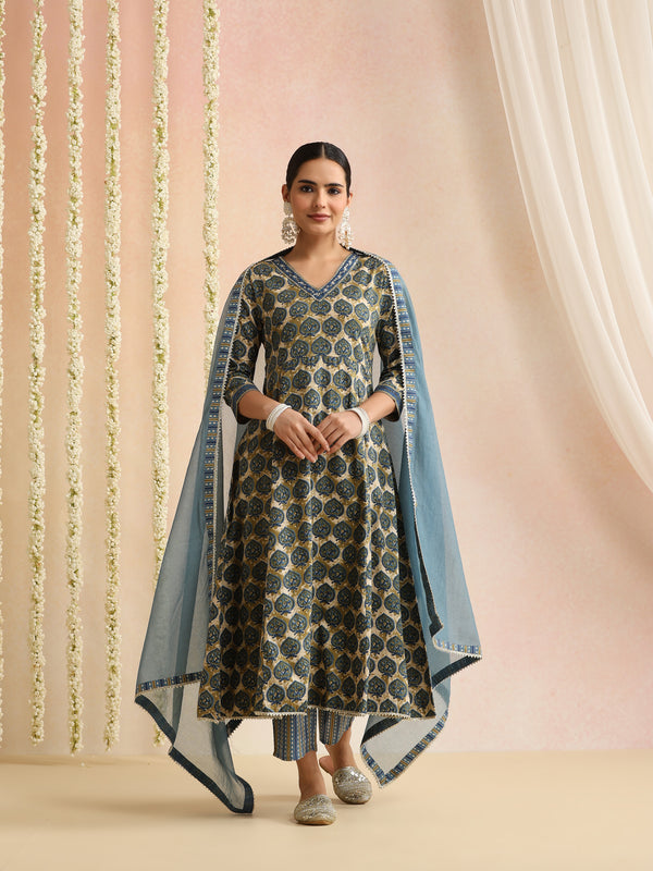Women Ethnic Motifs Thread Work Pure Cotton Kurta with Trousers & Dupatta