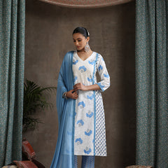 Women Floral Printed Cotton Kurta with Palazzo & Dupatta