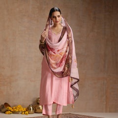 Khushal K Women Pure Silk pink Embroidered Kurta & Palazzo With Dupatta