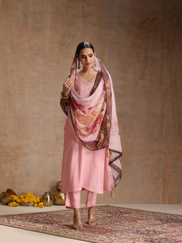 Khushal K Women Pure Silk pink Embroidered Kurta & Palazzo With Dupatta