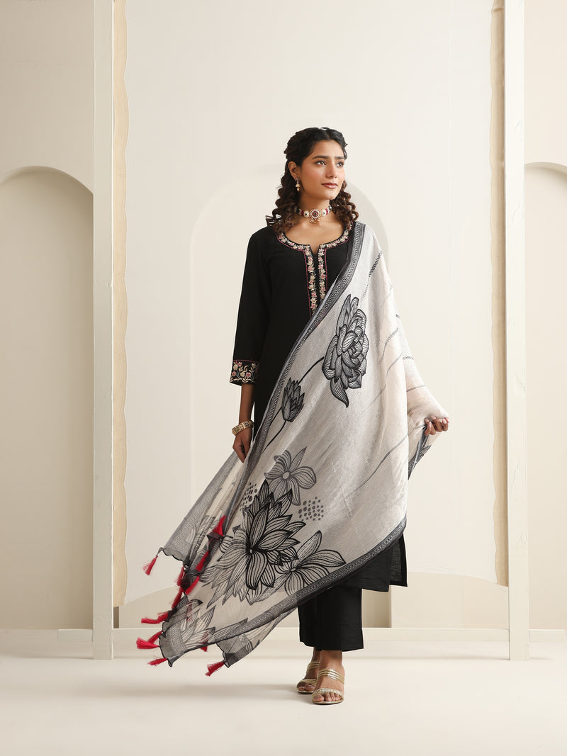Khushal K Women Pure Silk black Embroidered Kurta & Palazzo With Dupatta