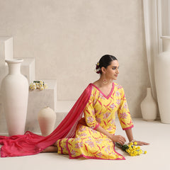 Floral Printed V-Neck Pure Cotton Straight Kurta With Palazzos And Dupatta