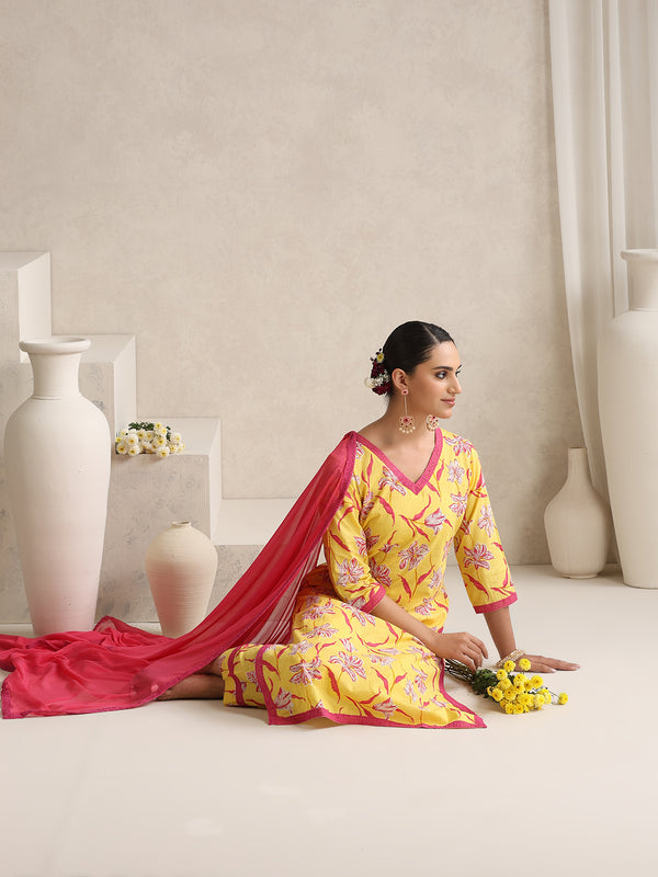 Floral Printed V-Neck Pure Cotton Straight Kurta With Palazzos And Dupatta