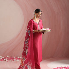 Khushal K Women Pure Silk pink Embroidered Kurta & Palazzo With Dupatta