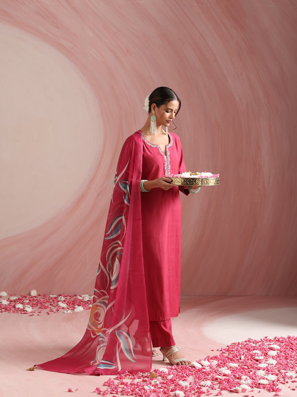 Khushal K Women Pure Silk pink Embroidered Kurta & Palazzo With Dupatta