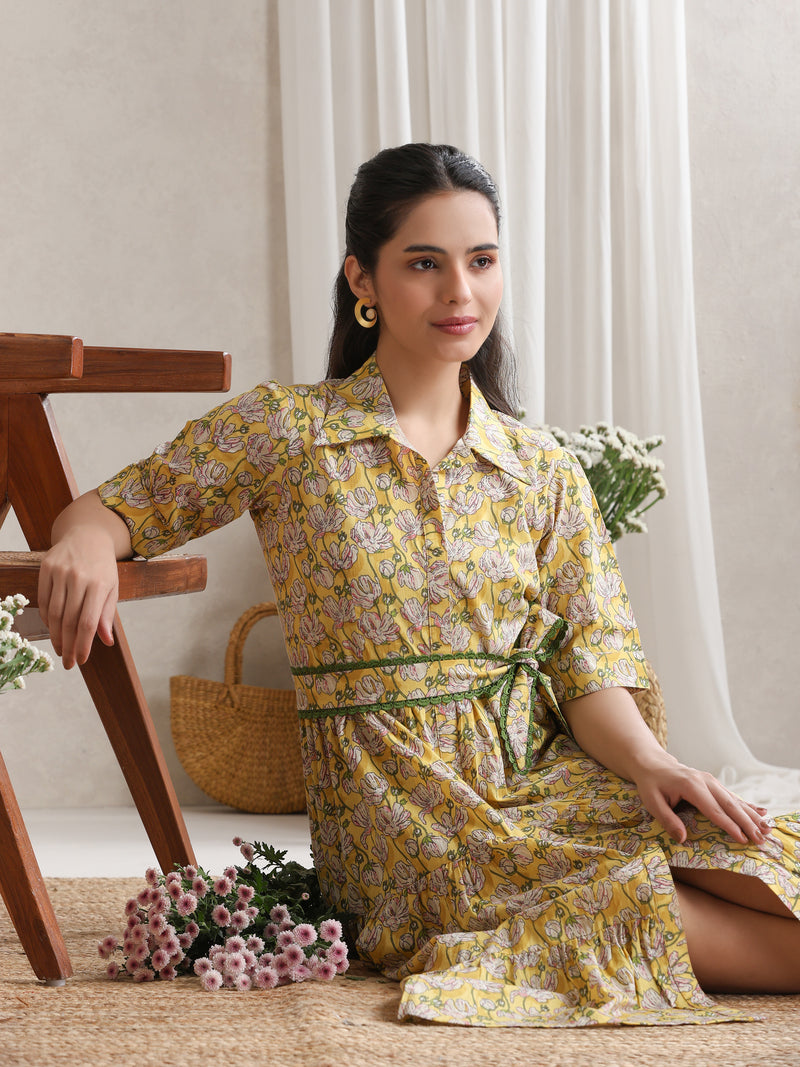 Women Floral Print Shirt Dress
