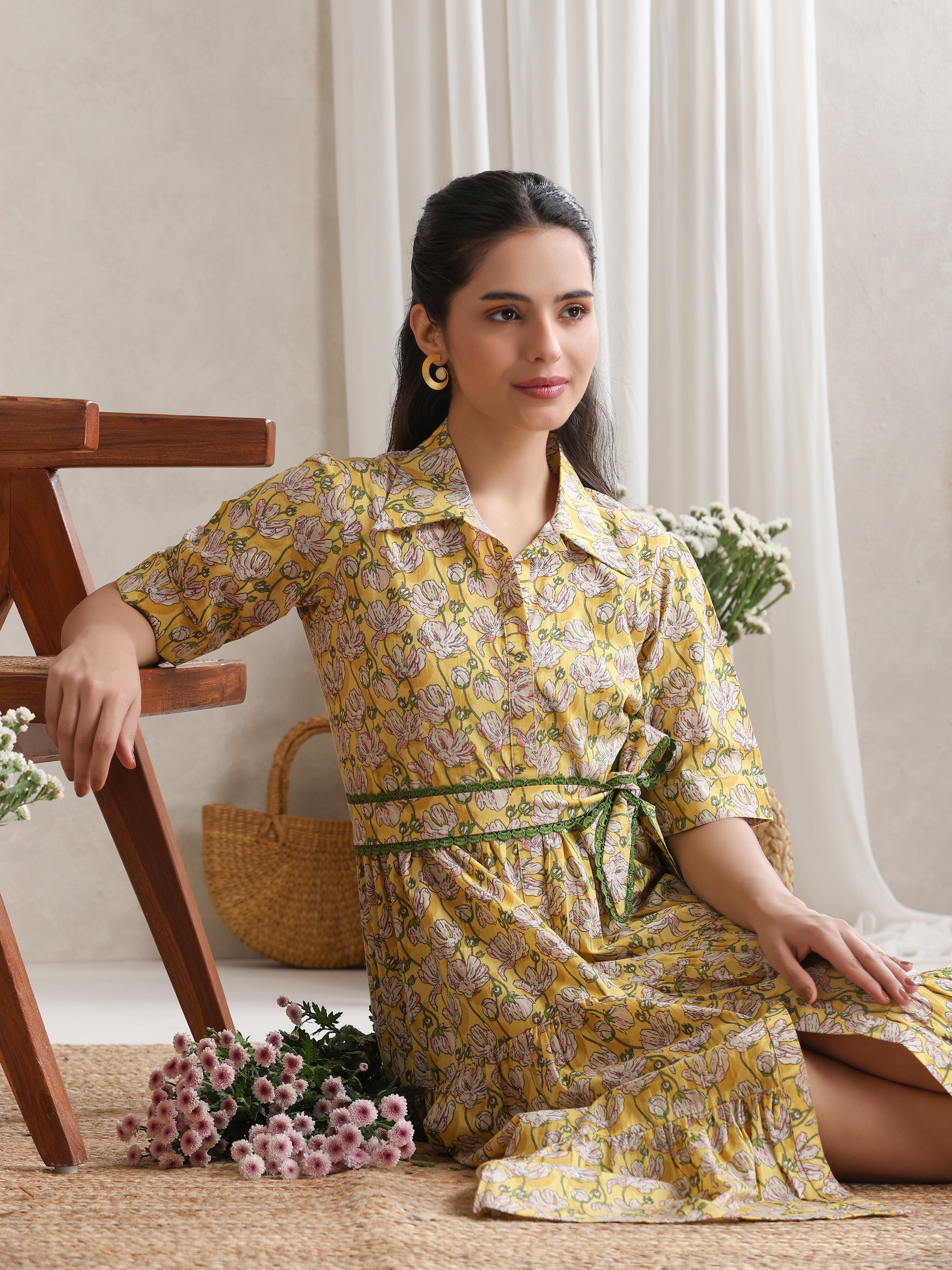 Women Floral Print Shirt Dress