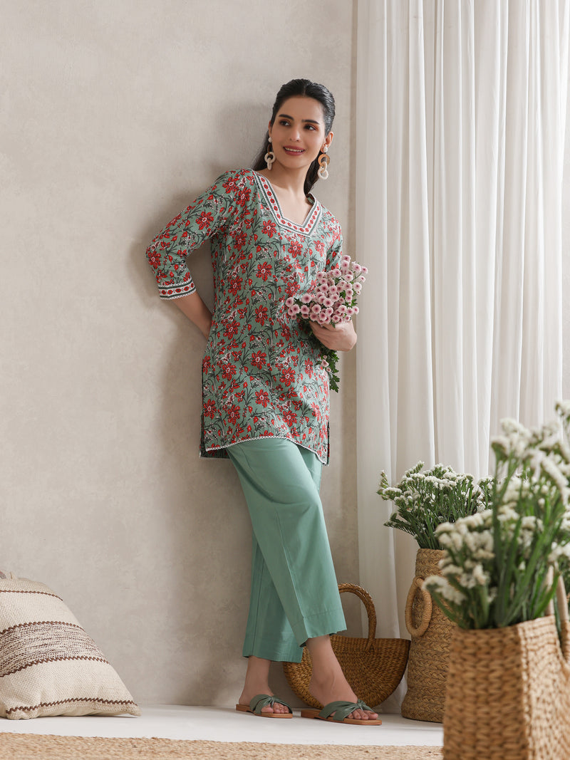 Floral Printed Cotton V-Neck Tunic With Trouser Co-Ords