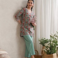 Floral Printed Cotton V-Neck Tunic With Trouser Co-Ords
