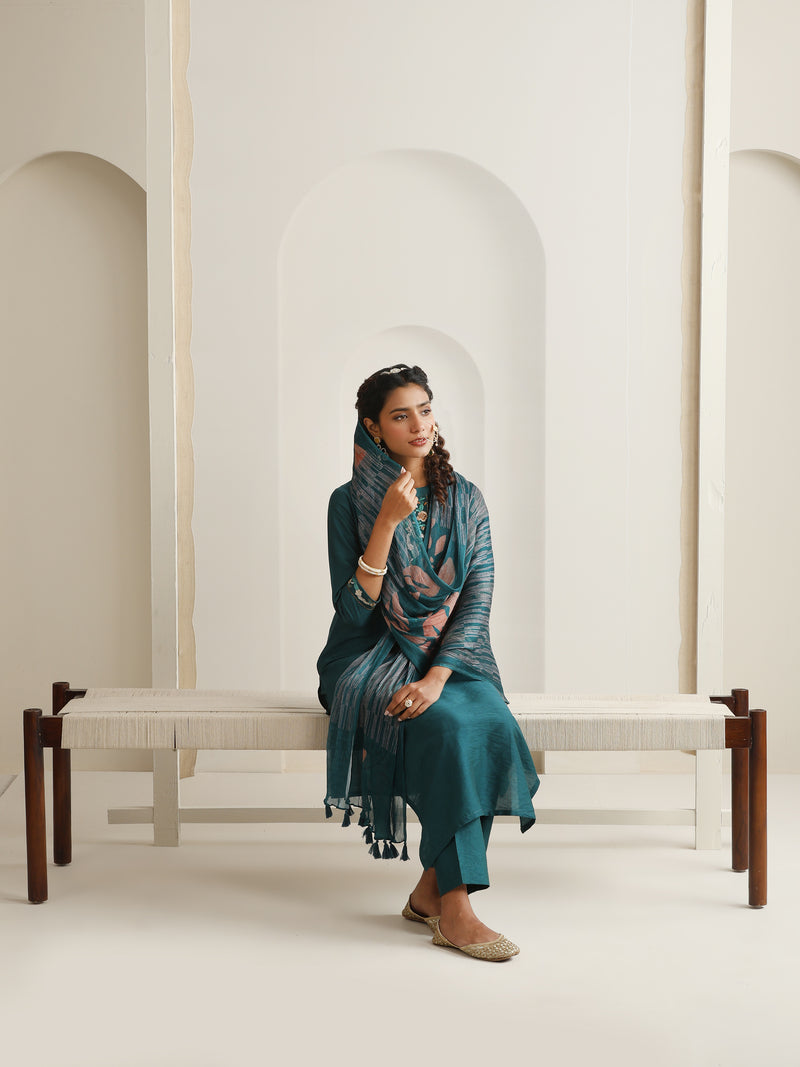 Khushal K Women Pure Silk green Embroidered Kurta & Palazzo With Dupatta