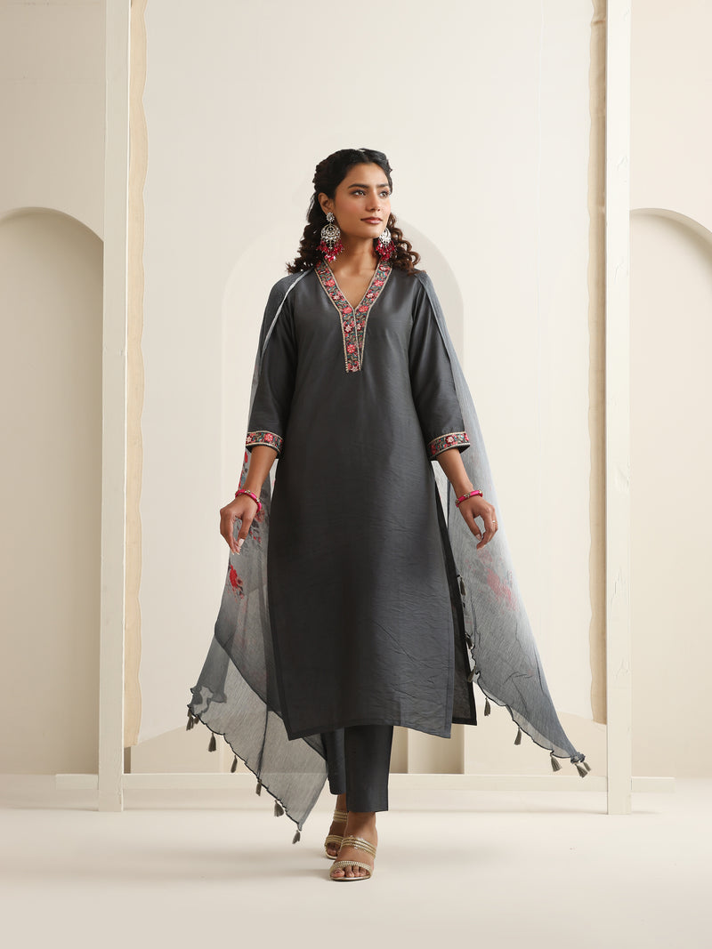Khushal K Women Pure Silk grey Embroidered Kurta & Palazzo With Dupatta