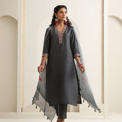 Khushal K Women Pure Silk grey Embroidered Kurta & Palazzo With Dupatta