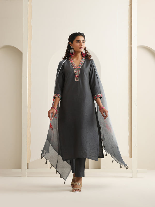 Khushal K Women Pure Silk grey Embroidered Kurta & Palazzo With Dupatta