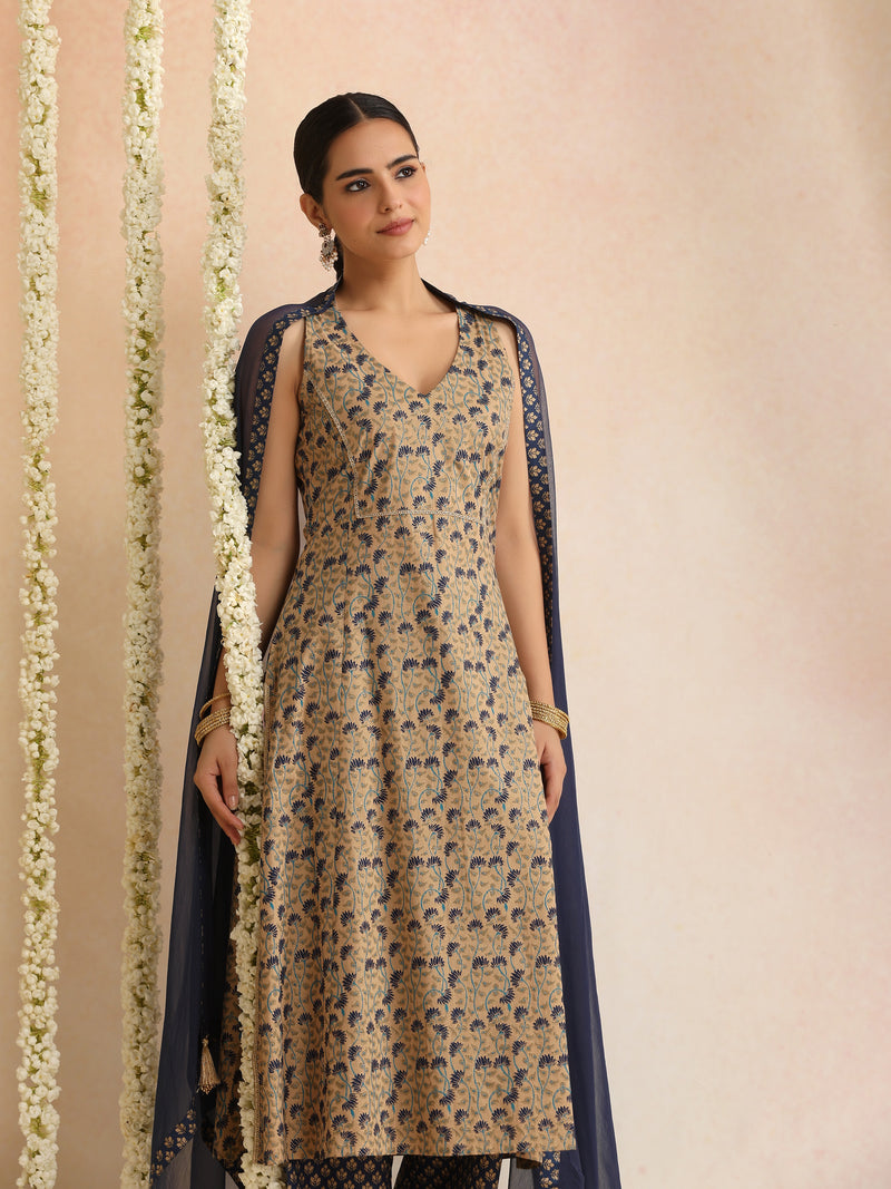 Beige & Navy Blue Printed Kurta with Palazzos & Dupatta Set