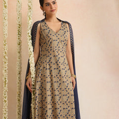 Beige & Navy Blue Printed Kurta with Palazzos & Dupatta Set