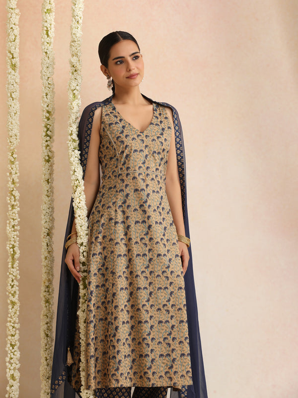 Beige & Navy Blue Printed Kurta with Palazzos & Dupatta Set
