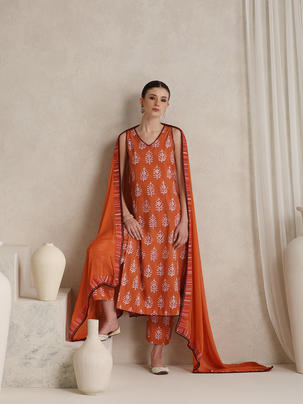 Floral Printed Pure Cotton Straight Kurta With Palazzo And Dupatta