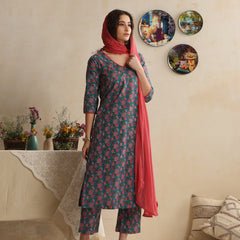 Khushal K Women Floral Printed Regular Pure Cotton Blue Kurta & Palazzo With Dupatta