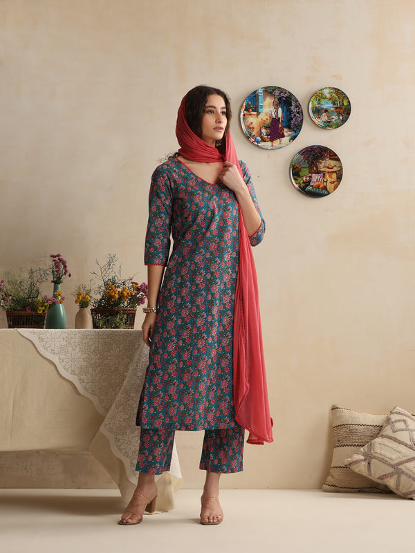 Khushal K Women Floral Printed Regular Pure Cotton Blue Kurta & Palazzo With Dupatta