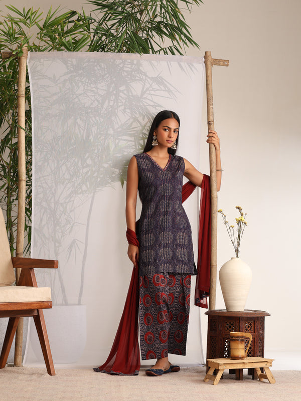 Khushal K Women Cotton kurti and Farshi Salwar with dupatta set - Blue