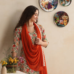 Khushal K Women Floral Printed Regular Pure Cotton White Kurta & Palazzo With Dupatta